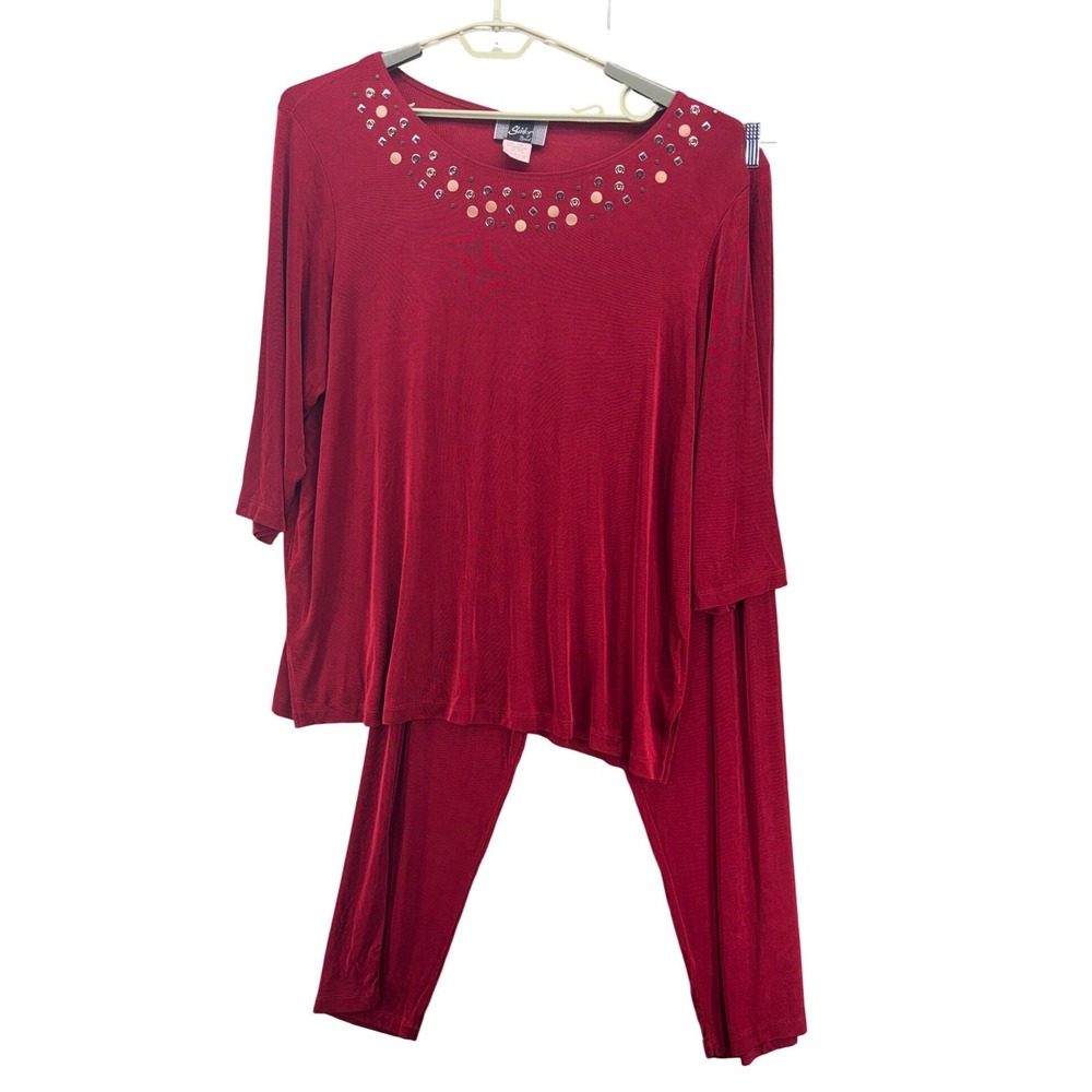 Slinky Brand Womans Pants Set Size 3x Slinky Knit Burgundy Fall Stretchy Travel